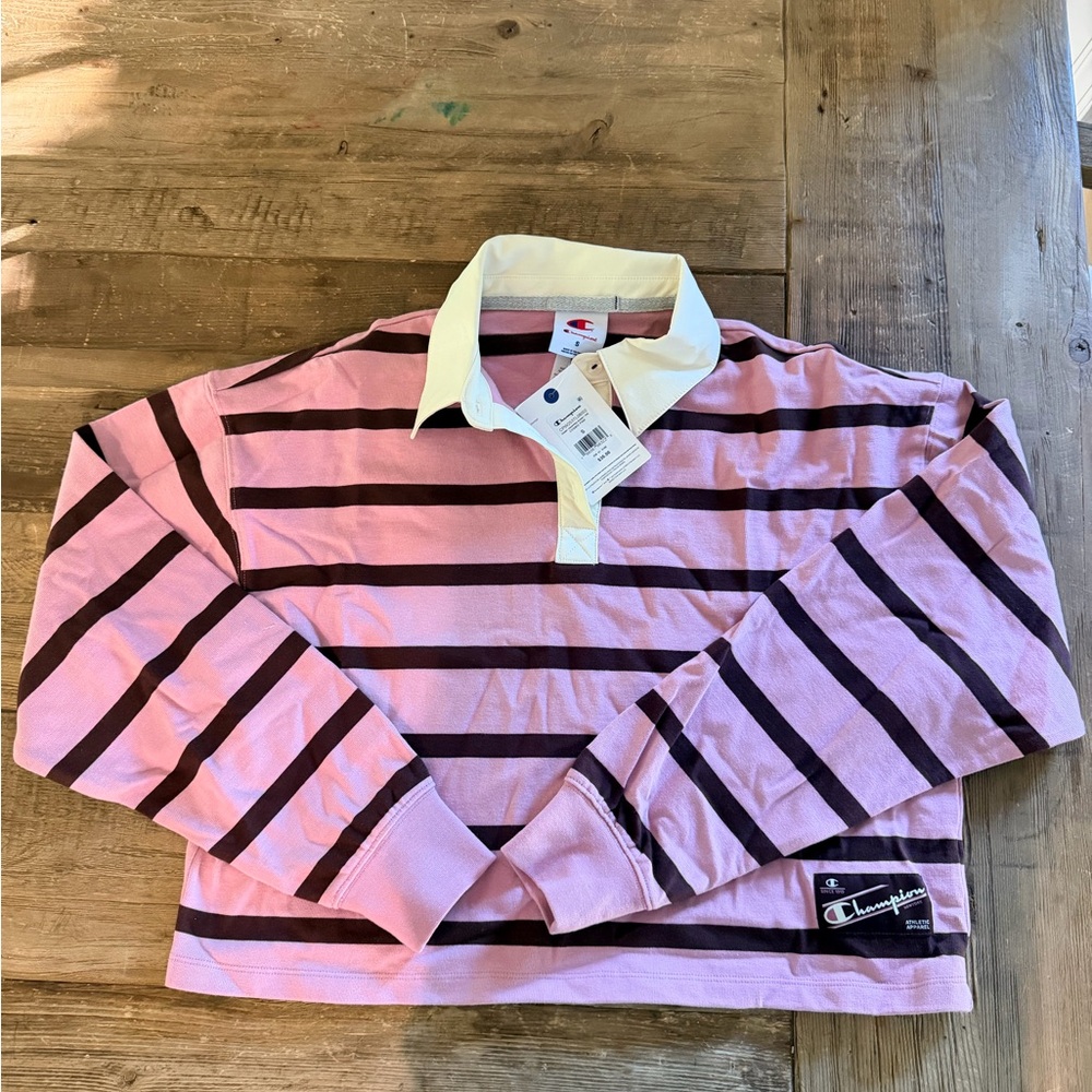 Champion Pink & Burgundy Striped Rugby Polo with White Collar